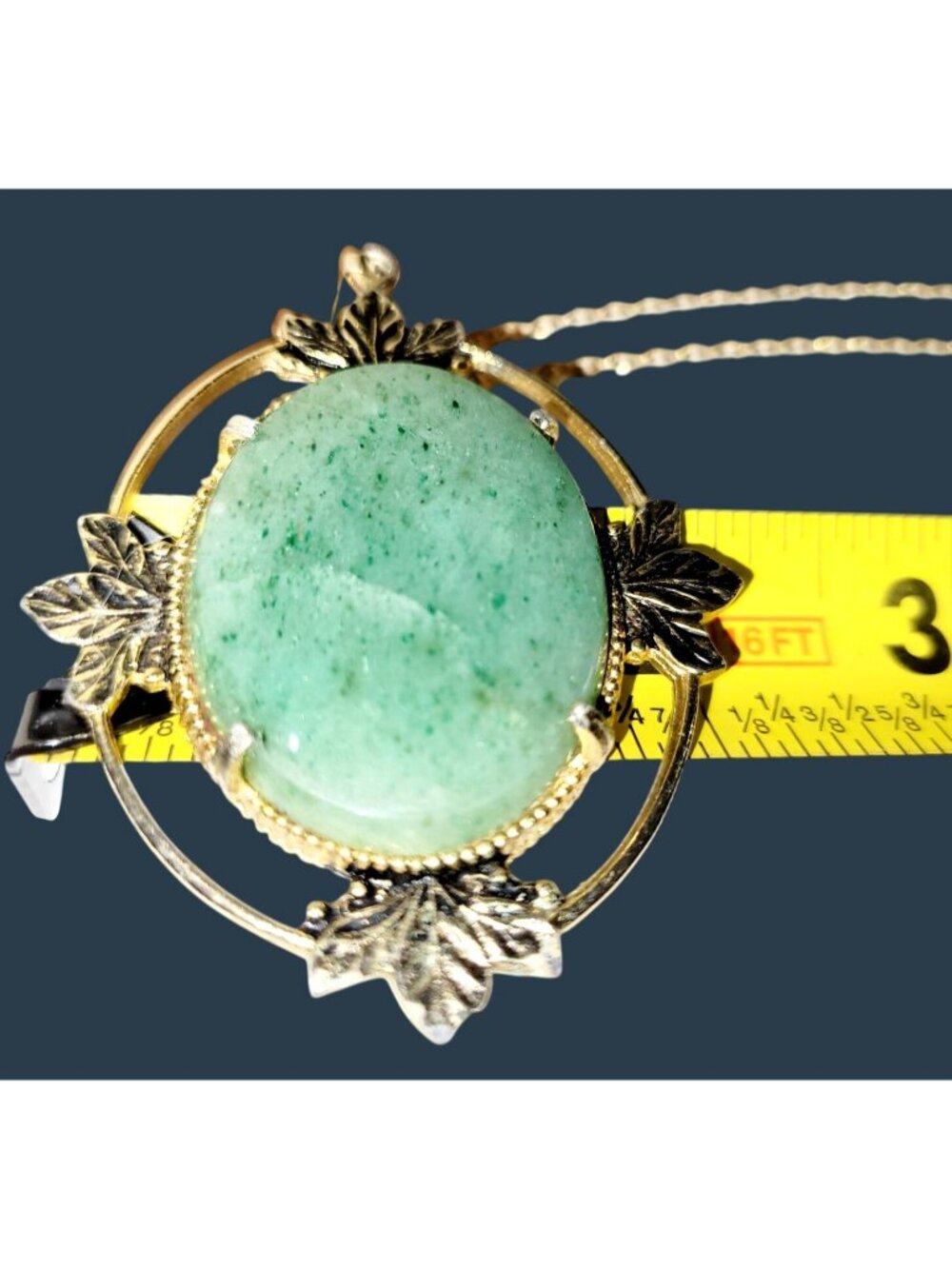 Large Green Agate Oval Stone Set in Gold Vermeil Filigree Pendant Chain 33" - Picture 7 of 7